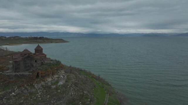 Aerial view of Hayravank monastery with Lake Sevan in the background, Armenia