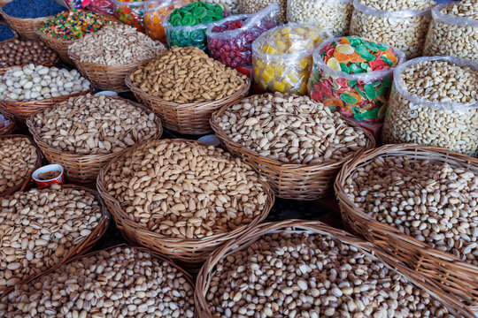 Samarkand, Uzbekistan - June 6, 2026: Nuts and dried fruits at Siab Bazaar