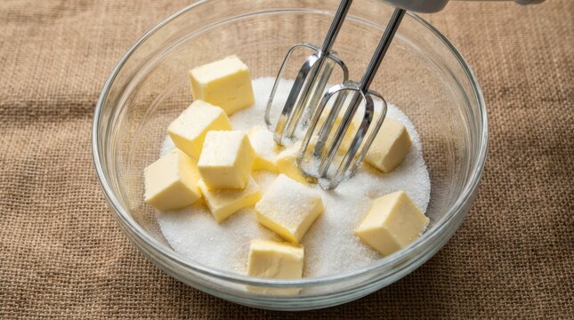 Butter cubes and sugar in a glass bowl with electric mixer beaters