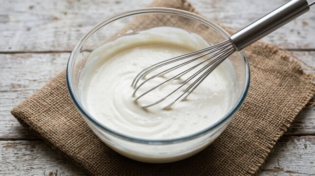 Creamy mixture in a glass bowl with a metal whisk