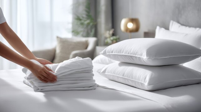 Housekeeper neatly folding clean linens on freshly made bed. Hotel staff member carefully arranges stack of crisp white sheets towels on bed with plush pillows, symbolizing cleanliness hospitality