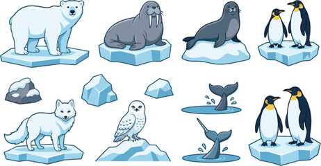 Arctic wildlife collection with polar bear walrus seal penguins arctic fox snowy owl whale tail and icebergs vector illustration set © MST