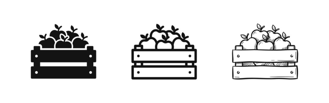 Wooden crate full of fresh apples icons set