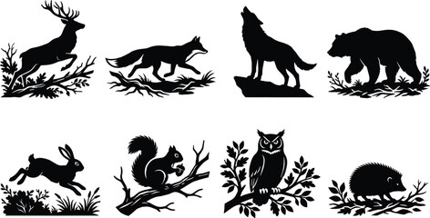 Fototapeta premium Woodland animal silhouette collection featuring deer, fox, wolf, bear, rabbit, squirrel, owl, and hedgehog designs