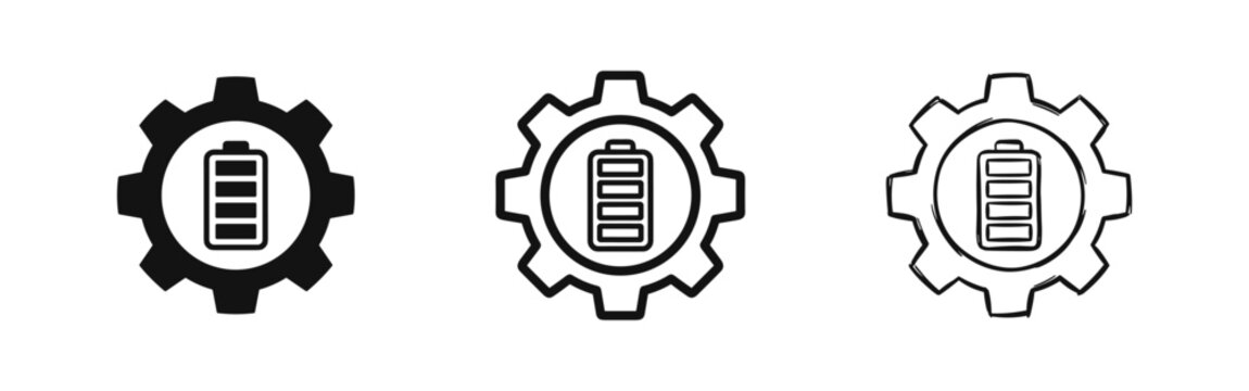Battery charging setting icon with gear cog in solid, outline and sketch styles