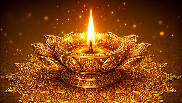 Golden lit diya oil lamp on intricate mandala pattern for Diwali festival