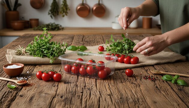 Freshly picked vine tomatoes in clear punnet on rustic wood