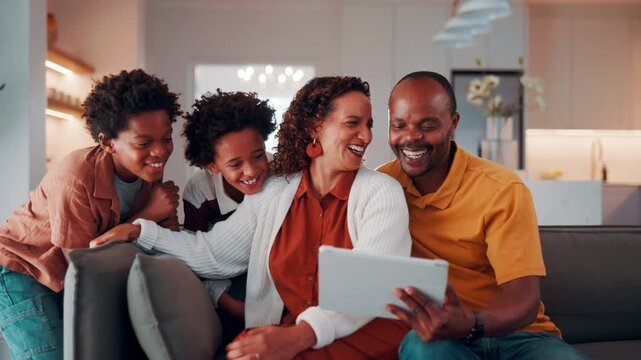 Tablet, happy and family together to laugh, watch online and internet post on home sofa. Parents, run and children with technology on couch for funny video, network connection or bonding in house