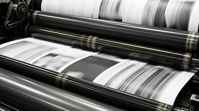 A high speed industrial printing press machine processes paper rolls in a factory setting