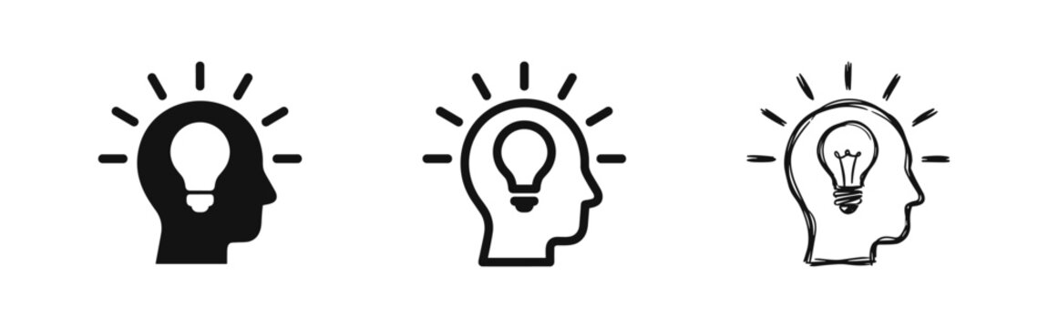 Creative lightbulb in head icon set: solid, outline, and sketch styles