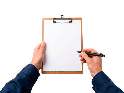 Hands holding a wooden clipboard with blank white paper and a pen ready to write PNG Isolated on transparent background