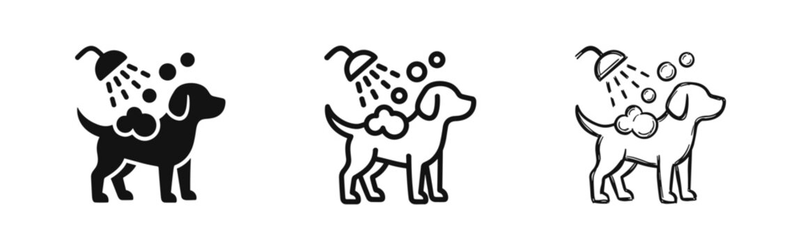 Dog Grooming and Bathing Icon Set in Different Styles