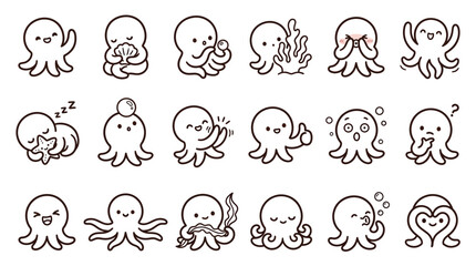 Collection of cute cartoon octopus illustrations showing various emotions and actions. © Banana Milk