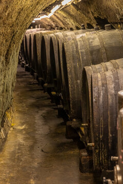 Old wine barrels aging inside Znojmo cellar