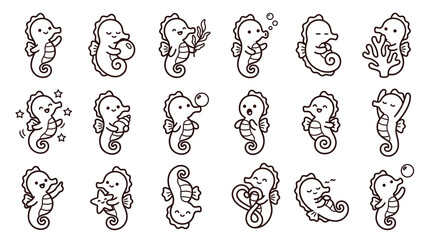 Collection of cute cartoon seahorse illustrations with various emotions and actions. © Banana Milk