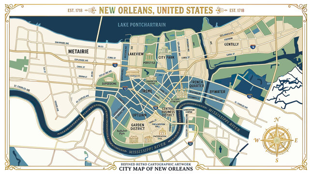 New Orleans City Map Vintage Style - Louisiana, USA