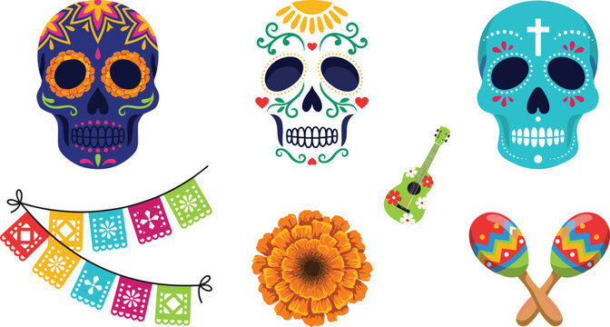 Mexican Day of the Dead Sugar Skull Vector Icon Set with Calavera Marigold Flower Papel Picado Garland Guitar and Maracas for Dia de los Muertos Designs
