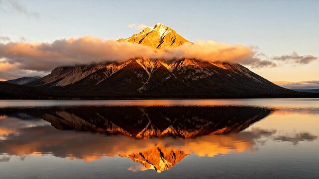 Mountain peak with lake reflection at sunset