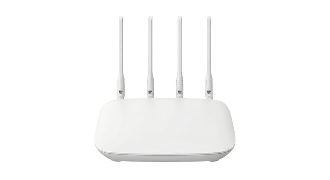Modern white wireless router with four antennas on a clean white background