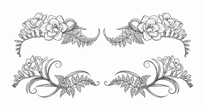 Horizontal set of black and white hand-drawn floral ornaments featuring freesia flowers, fern leaves, and decorative vine scrolls, ideal for wedding invitations or elegant borders.