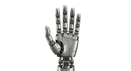 Fototapeta premium Detailed metallic robotic hand with articulated fingers extended in a gesture