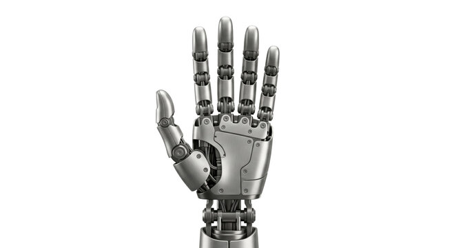 Detailed metallic robotic hand with articulated fingers extended in a gesture