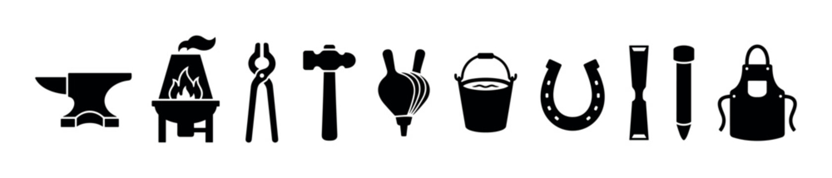 Blacksmith tools set icons illustrating essential equipment for traditional forging, metalworking, and artisan craftsmanship in a historical trade.
