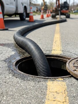 Black corrugated hose inserted into street manhole