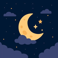 Naklejka premium Cute Crescent Moon with Clouds and Stars in Night Sky Flat Vector Illustration