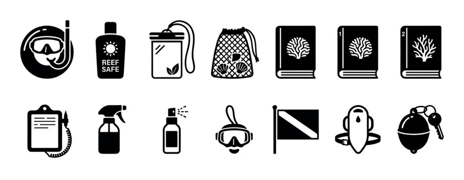 Snorkeling diving marine exploration equipment and accessories including reef-safe sunscreen, waterproof pouch, guidebooks, and safety gear for underwater adventures.
