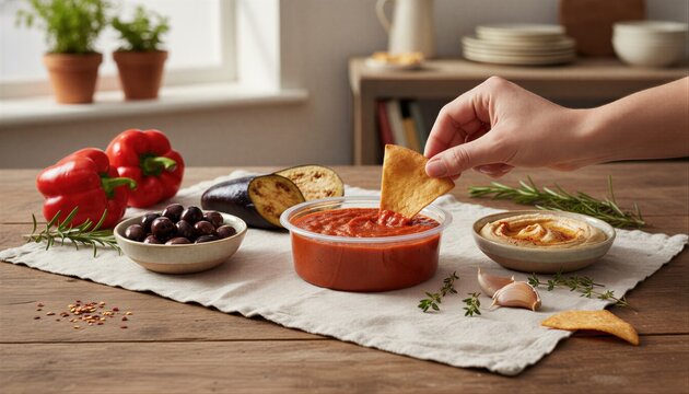 Person dipping pita chip into roasted pepper dip at brunch