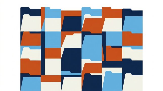 Organization - Colorful File Folders Stacked in Rows Pattern with Navy Blue Orange and Light Blue Colors
