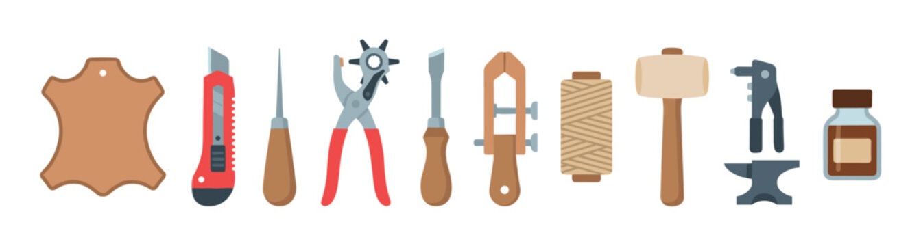 Leather crafting tools and supplies are neatly arranged, showcasing essential equipment for handmade leather goods and artisan projects.