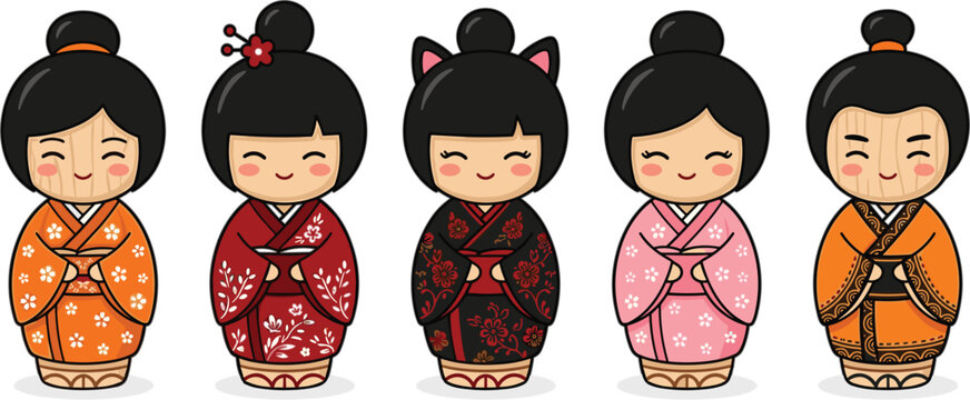 Traditional Japanese kokeshi wooden dolls vector character set wearing floral pattern kimonos isolated on white background.