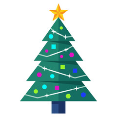 Fototapeta premium Flat christmas tree with star, lights, and geometric ornaments flat holiday celebration winter decoration