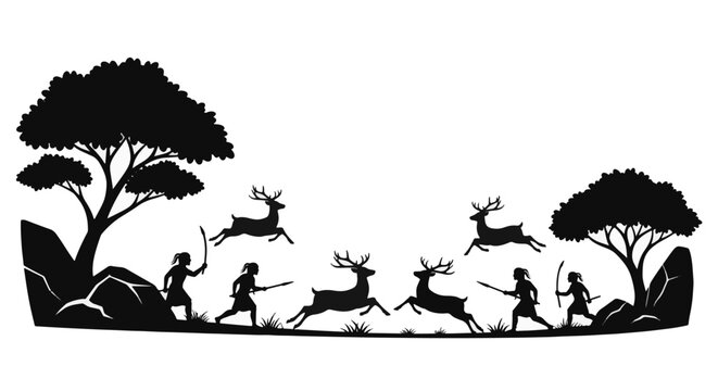 Black and white silhouette illustration of ancient tribal hunters with spears and bows chasing a herd of jumping deer in a landscape with trees and rocks on white background.