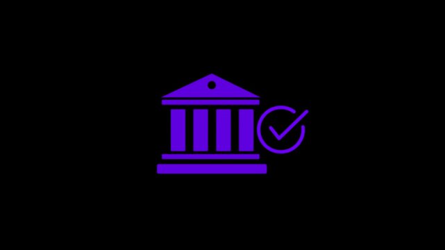 Gray bank building icon with a checkmark on a black background finance money 4k animation video.