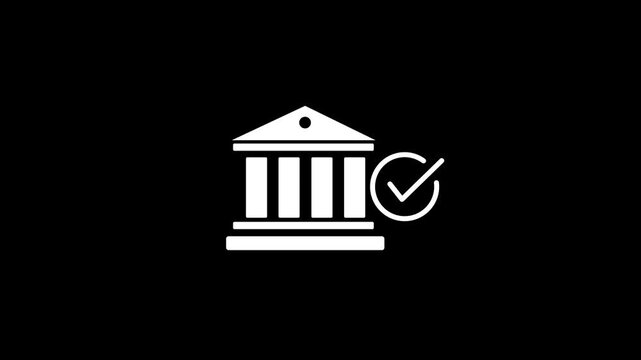 Gray bank building icon with a checkmark on a black background finance money 4k animation video.