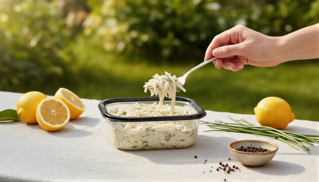 Person enjoying fresh celeriac slaw at an outdoor brunch
