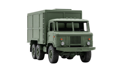 Obraz premium Vintage military truck with a cargo box in a classic olive drab color
