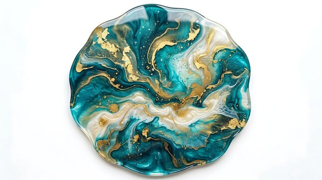 Teal and gold resin art plate with white accents