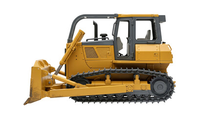 Heavy-duty yellow bulldozer with a large blade and tracks on a white background © Sapphire