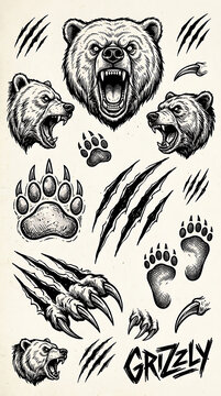 Grizzly bear heads and claw marks set