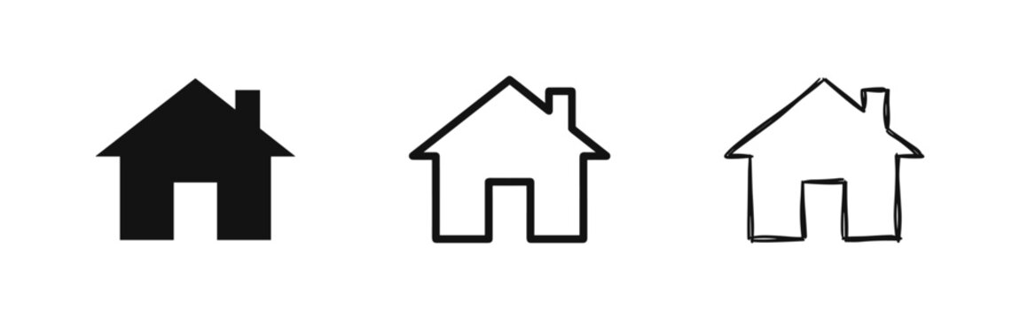 Set of home house icons, solid, outline, and sketch style