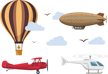 Vintage and Modern Air Transport Vector Set with Hot Air Balloon Steampunk Blimp Retro Biplane Propeller Aircraft and Contemporary Helicopter In Sky © Miss