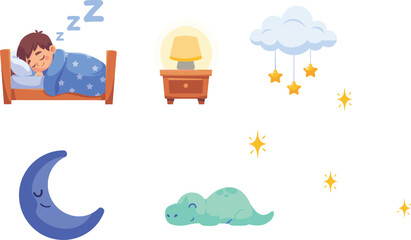Obraz premium Cute Little Boy Sleeping in Bed Vector Set with Crescent Moon Cloud Mobile Nightstand Lamp and Dinosaur Toy for Bedtime Story Designs