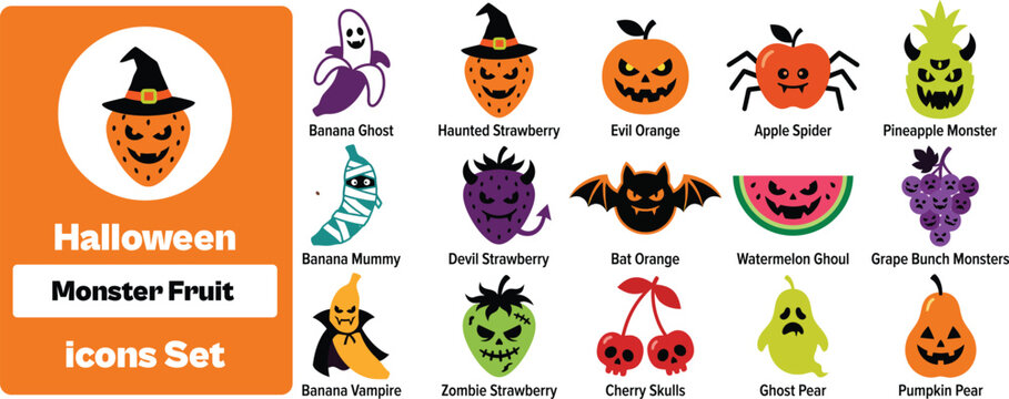 Set of 15 colorful icons related to Halloween, monster fruit - collection of banana ghost, haunted strawberry, evil orange, apple spider, pineapple monster vector elements