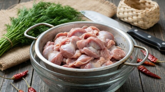 Raw chicken gizzards in a metal colander on a rustic wooden table with fresh dill, a knife, and chili peppers