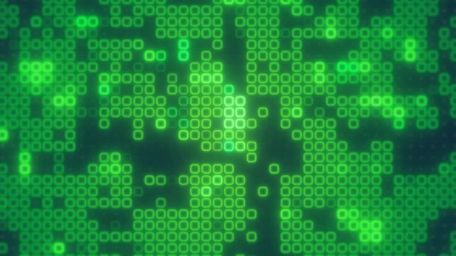 Green glowing square pixels form an abstract digital matrix pattern