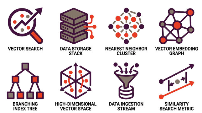 Vector database machine learning deep purple orange schematic icon set
